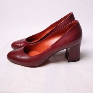 Santoni Rose Collection Block Heel Pumps Burgundy Leather Made in Italy Size 37